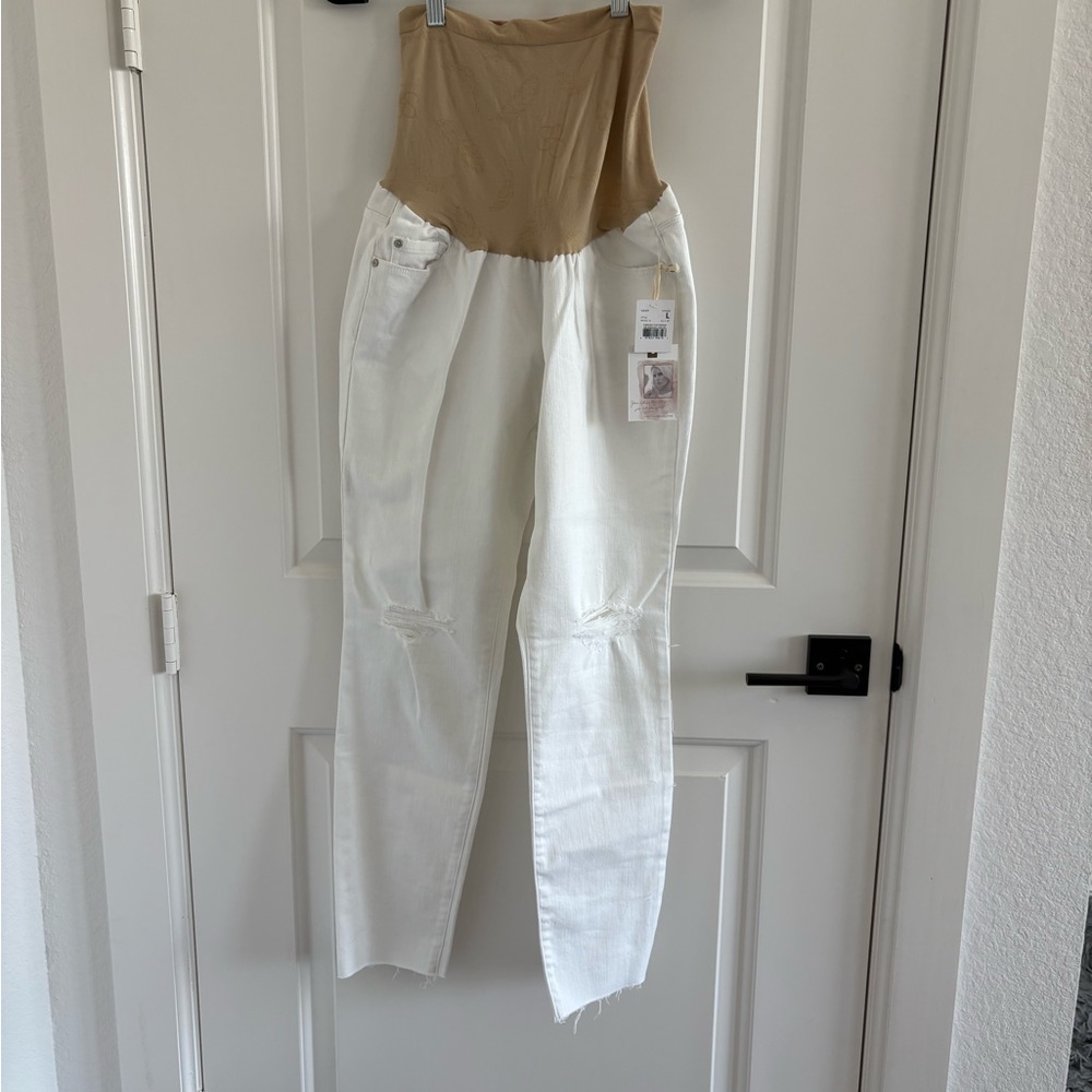 NWT Jessica Simpson White Maternity Jeans Distressed Over the Bump Panel Size L